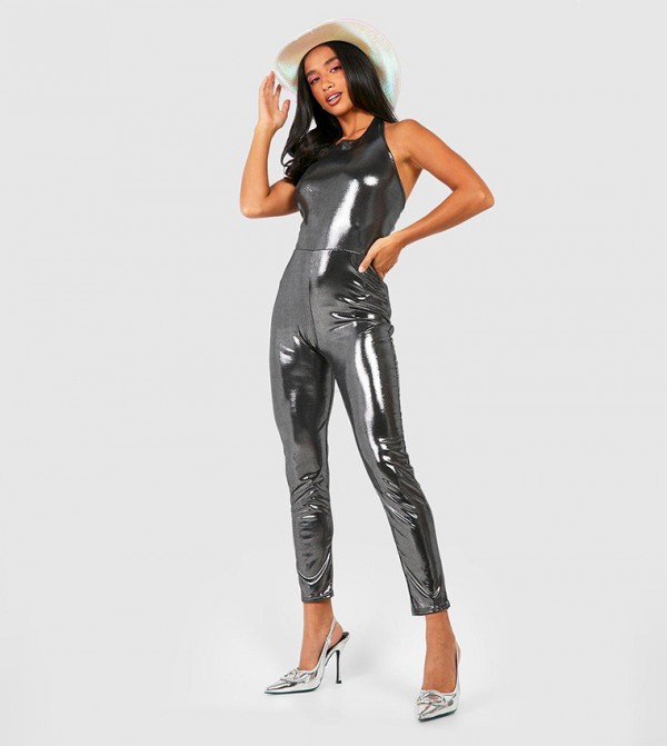 Buy Boohoo Foil Halterneck Jumpsuit In Black