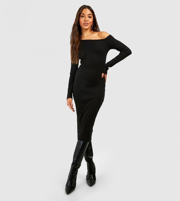 Asymmetric Ribbed Long Sleeves Midi Dress