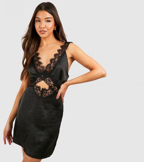 Buy Boohoo Satin Lace Trim Mini Slip Dress In Black 6thstreet Saudi Arabia 