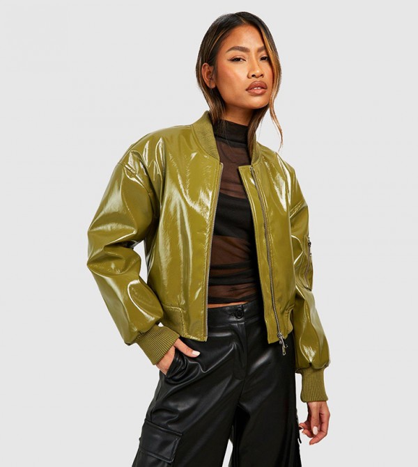 Buy Boohoo Vinyl Crop Faux Leather Bomber Jacket In Green 