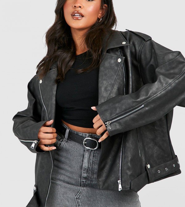 Vintage Wash Pu Oversized Biker Jacket