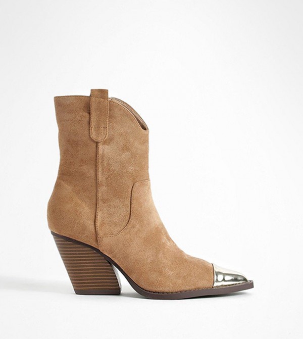 Buy Boohoo Metal Toe Cap Western Cowboy Ankle Boots In Beige