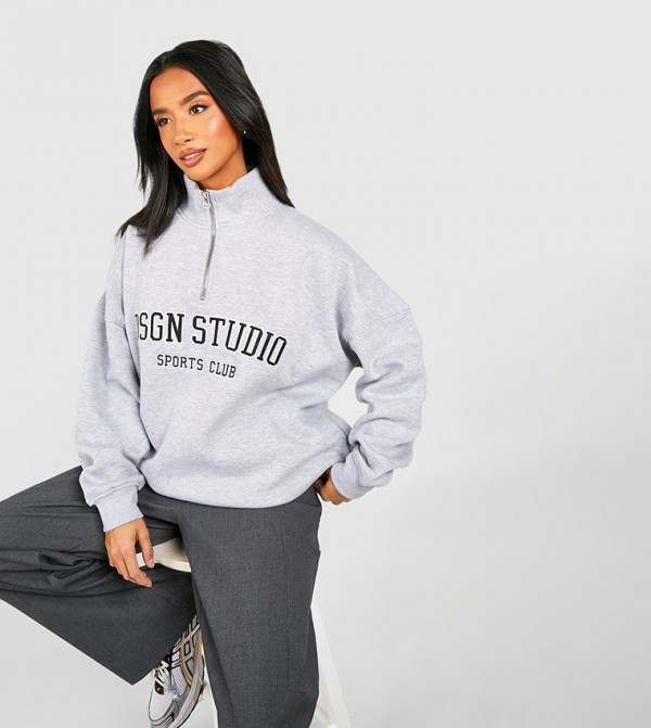 Petite Design Studio Applique Oversized Half Zip Sweatshirt