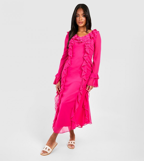 Solid Ruffle Detail Midaxi Dress