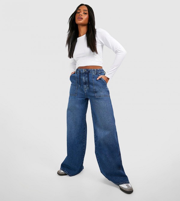Elastic Waist Wide Leg Jeans
