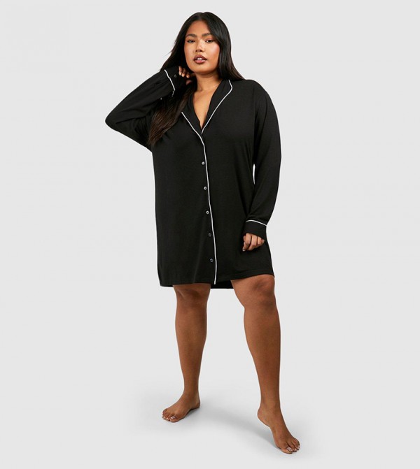 Black Oversized Jersey Piping Detail Long PJ Set