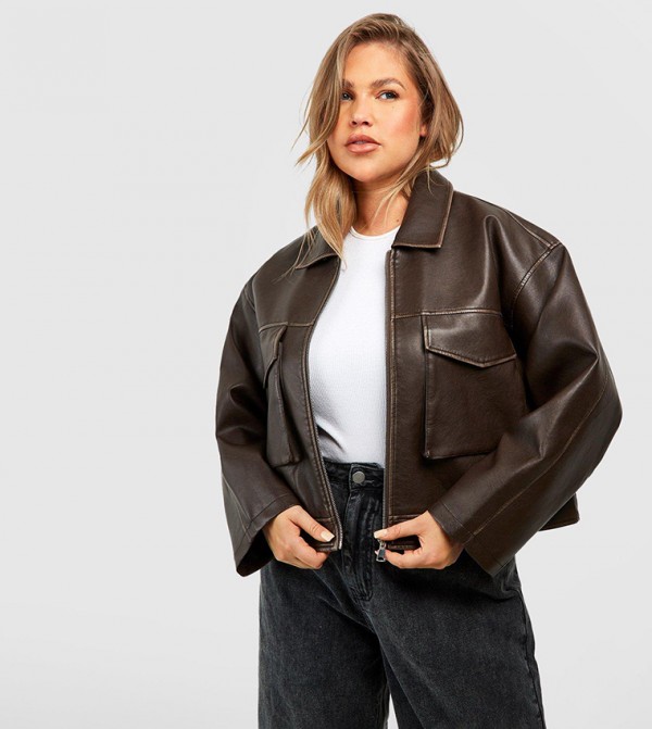 Buy Boohoo Vintage Look Faux Leather Pocket Detail Jacket In
