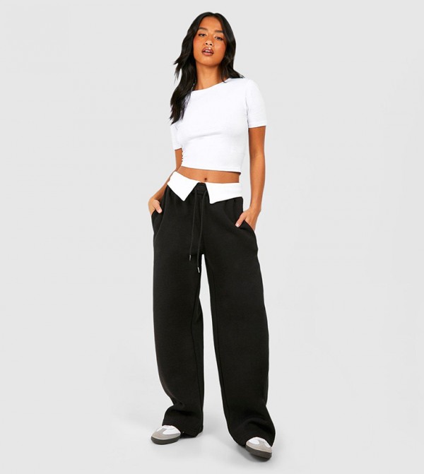 Petite Contrast Folded Waistband Wide Leg Joggers