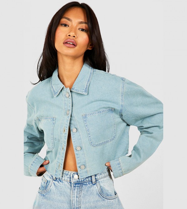 Bleach Wash Raw Hem Cropped Denim Shirt