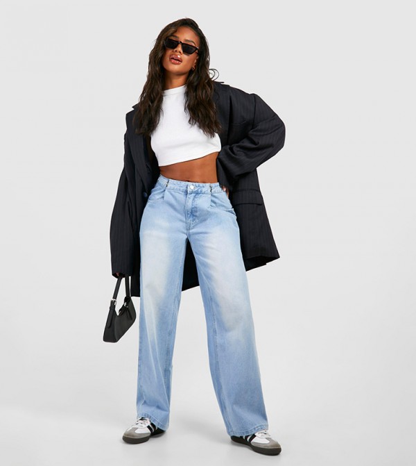 Adjustable Waistband Faded Wide Leg Jeans
