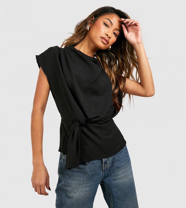 Hammered Knot Front Cowl Neck Top