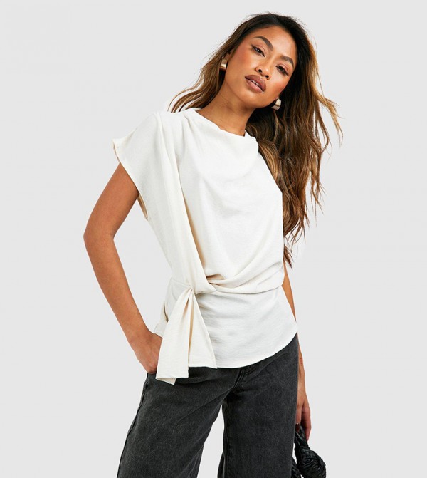 Hammered Knot Front Cowl Neck Top