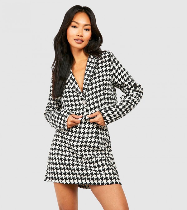 Buy Boohoo Premium Dogtooth Boxy Cropped Blazer In Black