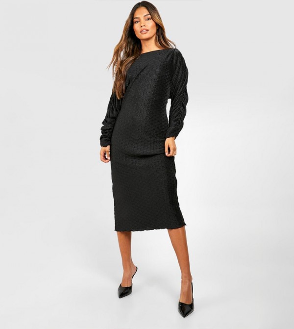 Wave Plisse Rouched Sleeves Midi Dress