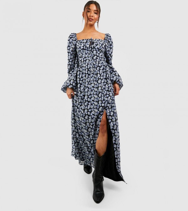 Floral Print Puff Sleeves Rouched Bust Maxi Dress