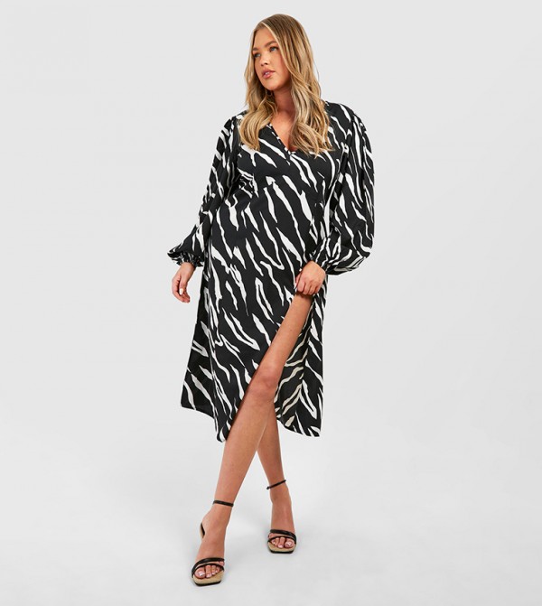 Plus Animal Print Bishop Sleeves Midi Dress