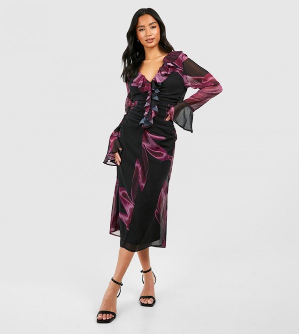 Petite Floral Print Ruffle Ruched Woven Midaxi Dress