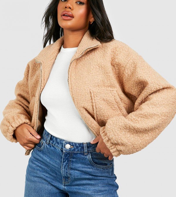 Batwing Sleeves Wool Look Bomber Jacket