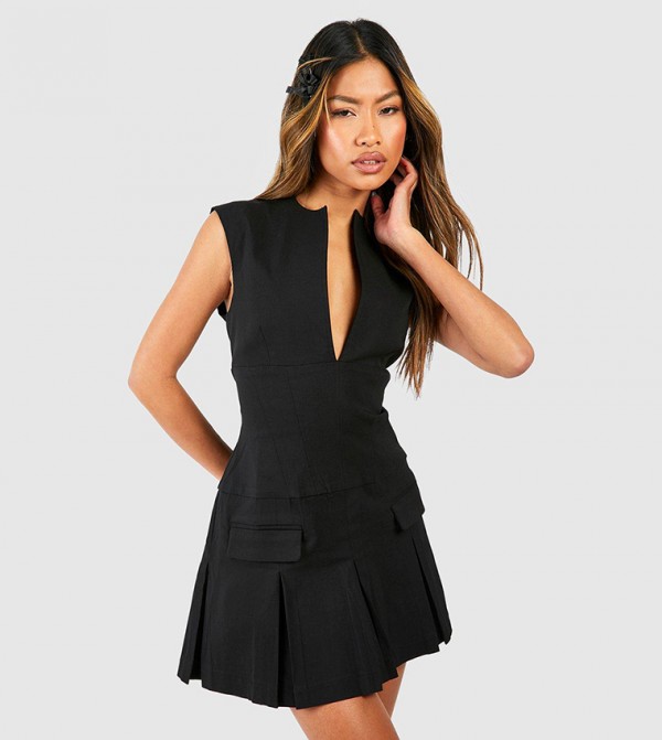 Tailored Notch Neck Pleated Mini Dress