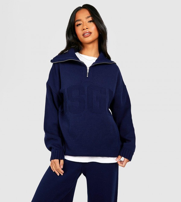 Buy Boohoo Petite Design Embossed Knitted Half Zip Sweater In Navy ...