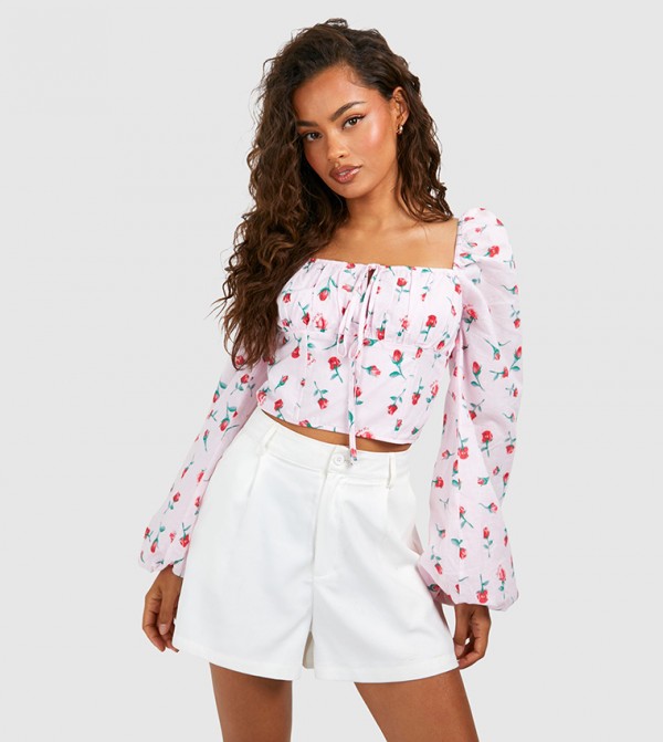 Rose Printed Tie Detail Crop Top