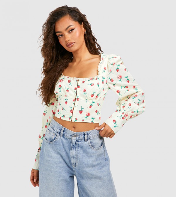 Rose Printed Frill Detail Hook and Eye Corset Top