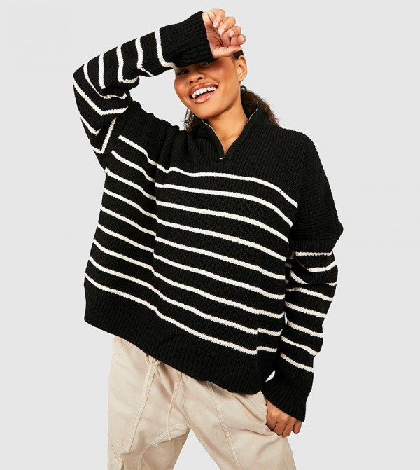 Petite Striped Half Zip Sweater