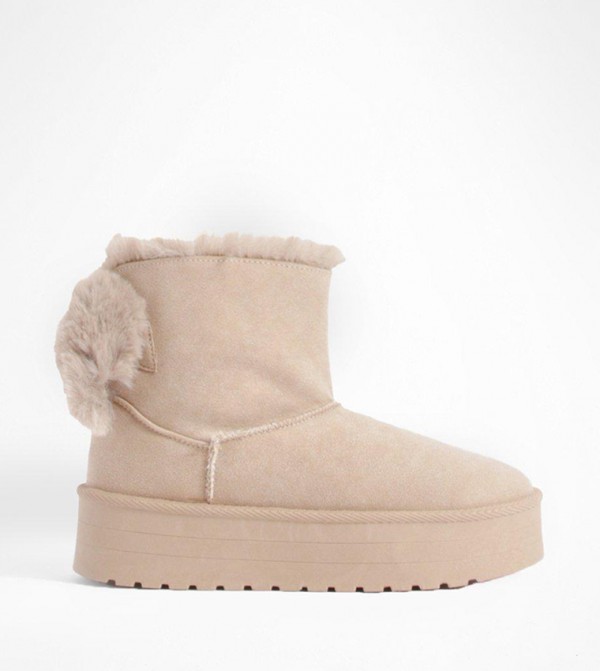 Buy Boohoo Fur Trim Platform Mini Cosy Boots In Khaki 6thStreet UAE