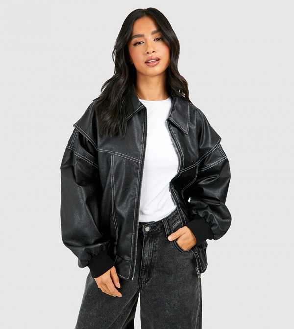 Petite Pu Contrast Stitch Oversized Bomber Jacket