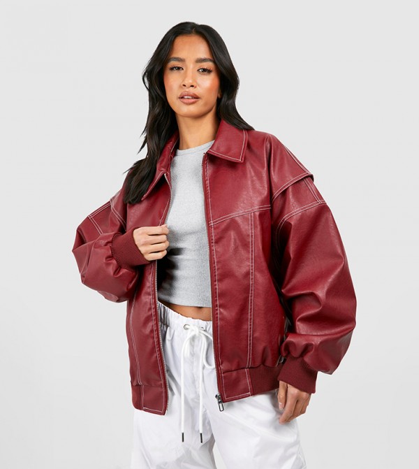 Petite Pu Contrast Stitch Oversized Bomber Jacket