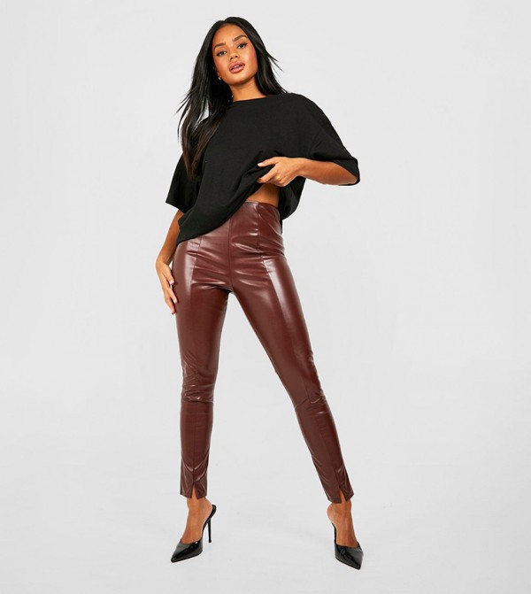 Buy Boohoo Pu Seam Detail Split Hem Leggings In Brown