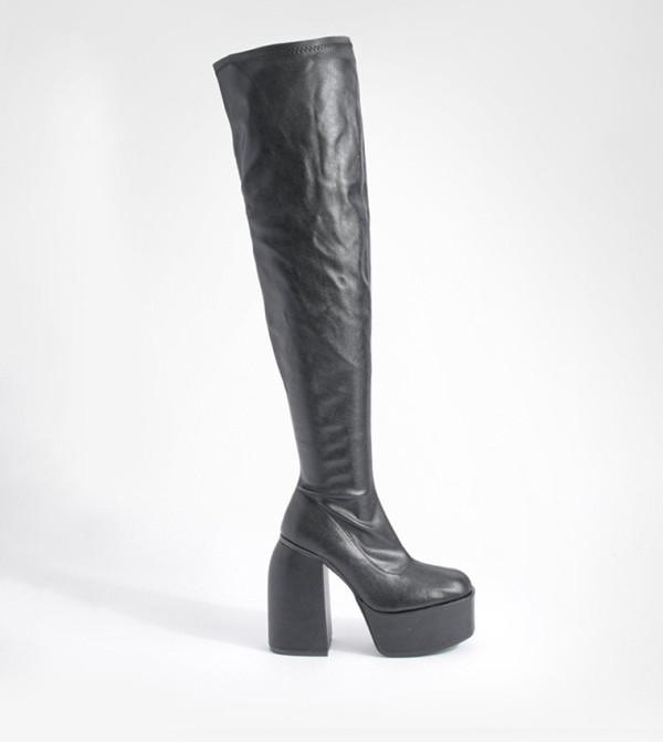 Buy Boohoo Platform Block Heel Stretch Pu Knee High Boots In Black ...