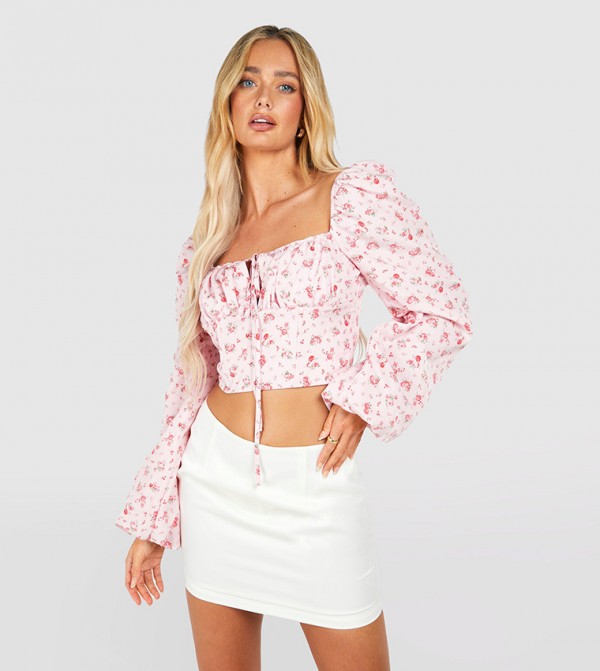 Floral Tie-Up Neck Balloon Sleeves Crop Top