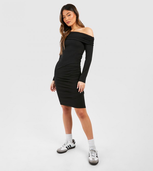 Asymmetric Ruched Long Sleeves Mini Dress