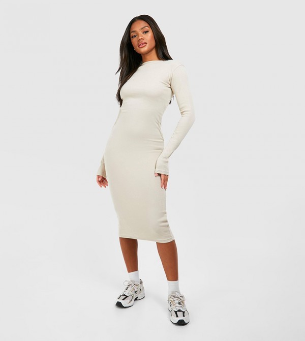 Slash Neck Long Sleeves Rib Midi Dress