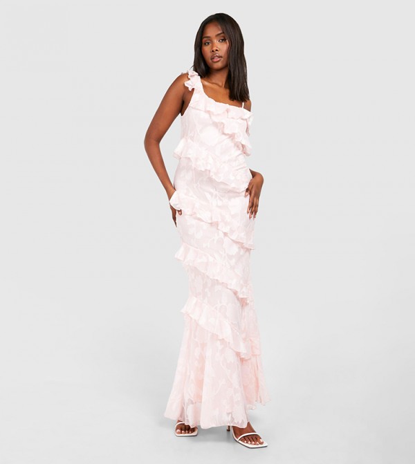 Textured Ruffle Asymmetric Maxi Dress
