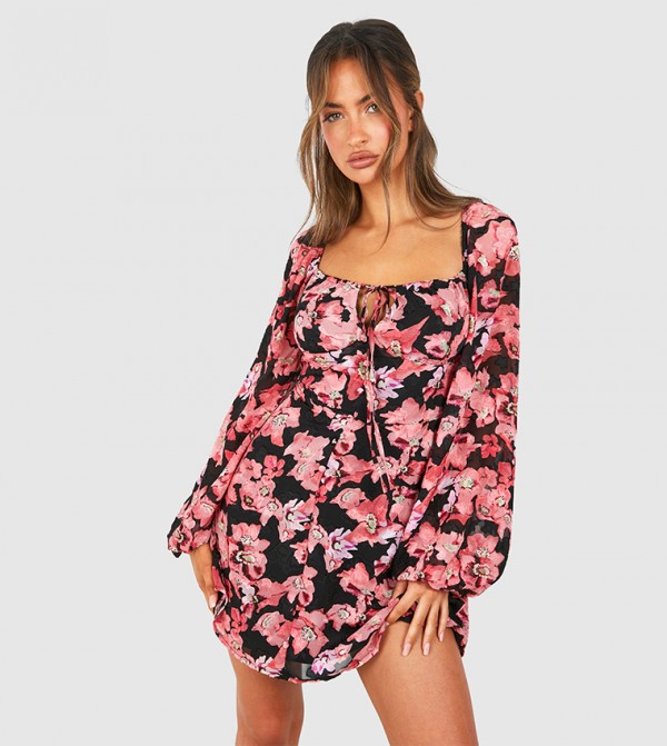 Textured Floral Balloon Sleeves Milkmaid Mini Dress