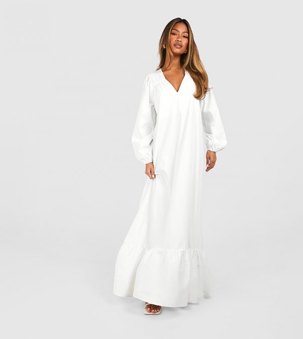 Poplin Blouson Sleeves Trapeze Maxi Dress