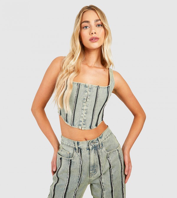 Diamante Detail Dirty Wash Denim Corset Crop Top