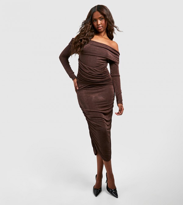 Brown Acetate Slinky Ruched Flared Pants