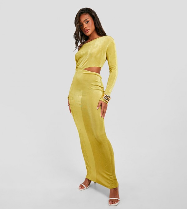 Ruched Acetate Slinky Cut-Out Maxi Dress