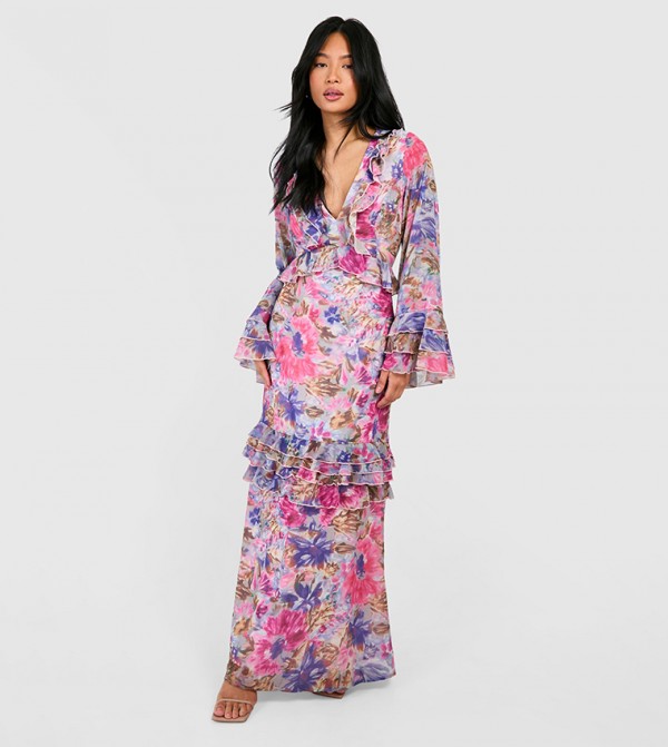 Petite Floral Print Ruffle Flare Sleeves Maxi Dress