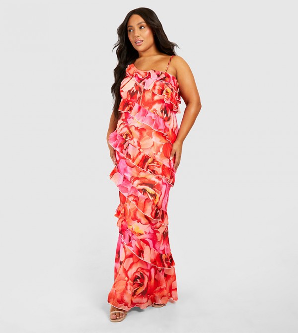 Curve Floral Ruffle Asymmetric Maxi Dress