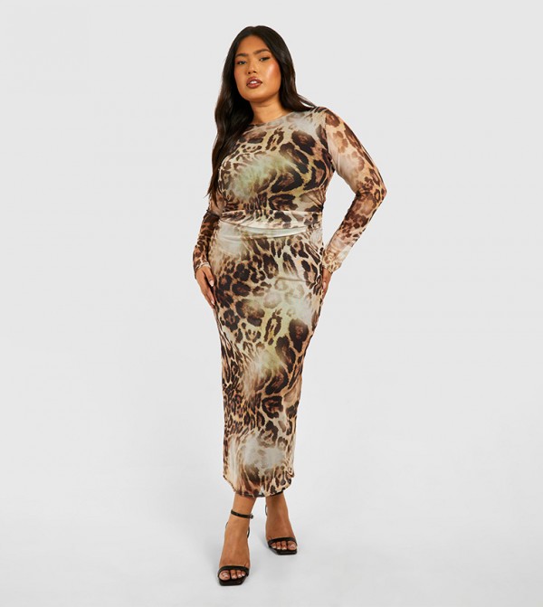 Curve Ruched Leopard Mesh Midaxi Dress