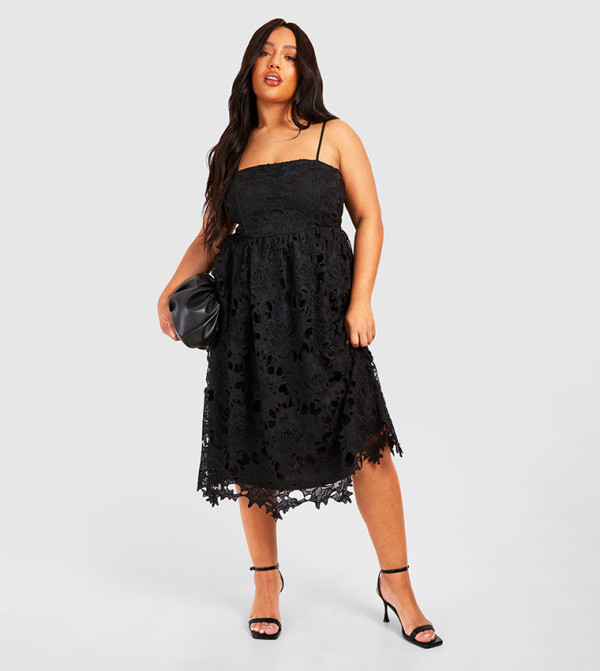 boutique embroidered strappy midi skater dress Strapless guipure lace midi dress - peach