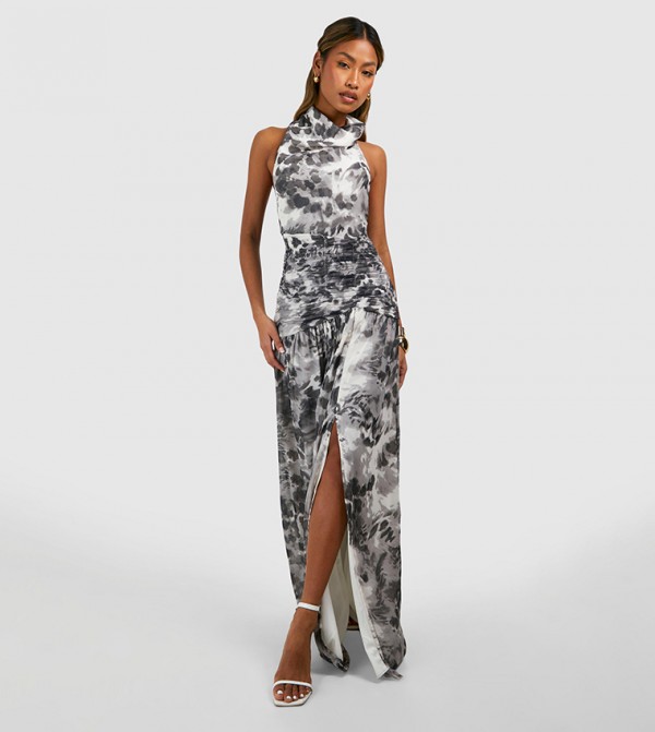 Chiffon Maxi Leopard Print Halterneck Dress