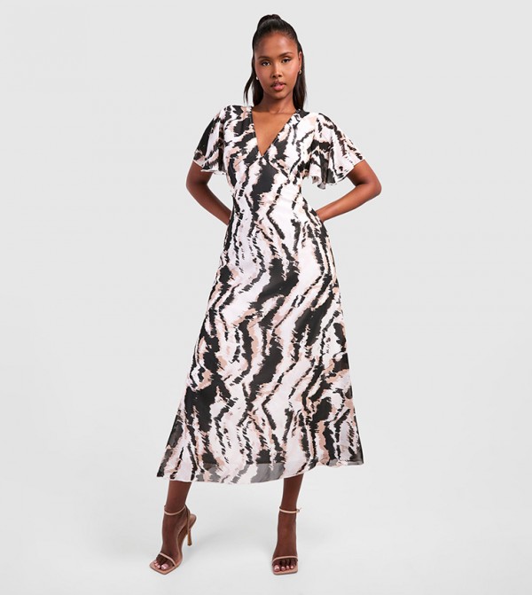 Abstract Chiffon Angel Sleeves Midaxi Dress