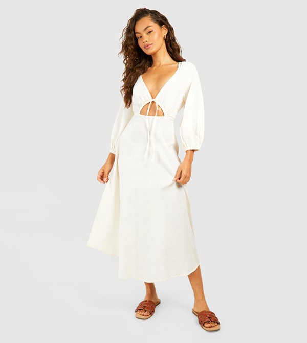 Linen Tie Front Puff Sleeves Midaxi Dress