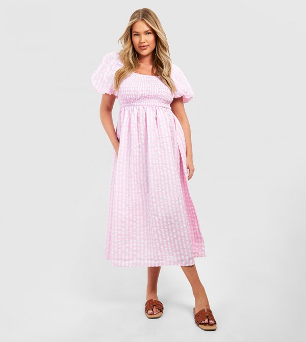 Textured Gingham Puff Sleeves Midi Dress