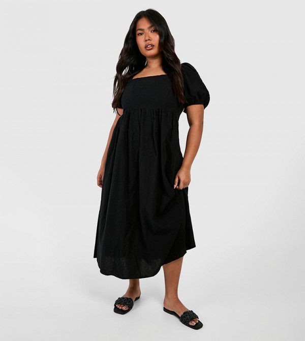 Linen Puff Sleeves Midaxi Smock Dress